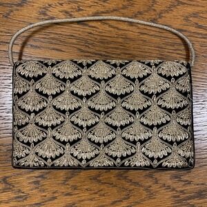 Vtg Zardozi Black Velvet Silver Metallic Embroidery Fan Pattern Clutch Bag 8"x5"